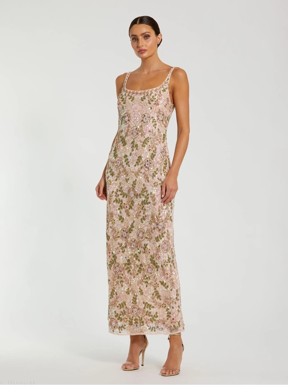 MAC DUGGAL Sleeveless Hand Beaded Floral Midi Dress